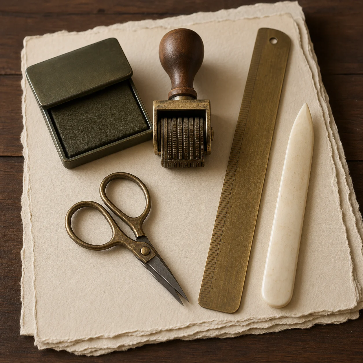 Journal tools arranged beside layered papers