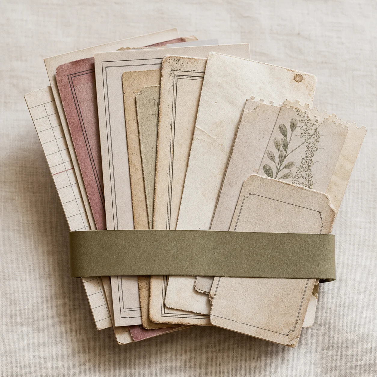 A layered arrangement of vintage-inspired paper fragments