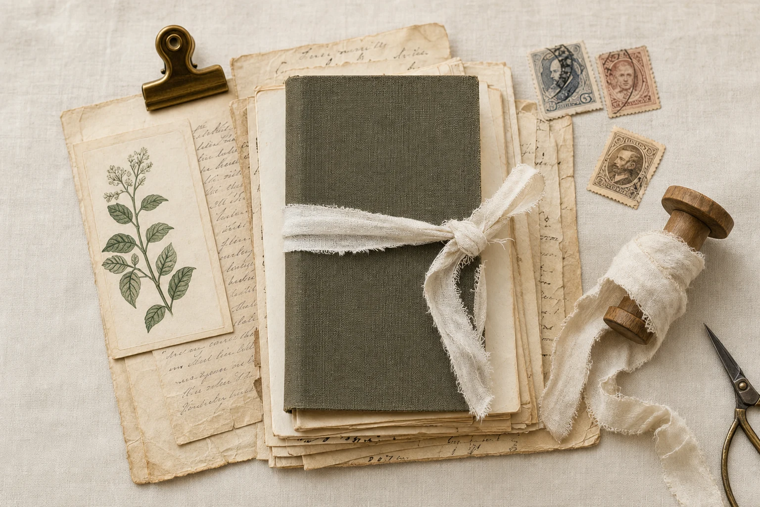 Layered vintage papers, a cloth journal, stamps, and desk tools